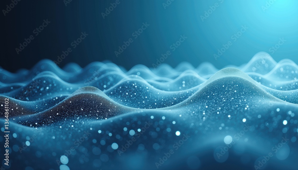 Poster abstract waves with glowing particles in a serene blue background