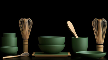 Elegant Green Tableware with Whisk and Bowls for Tea Ceremony