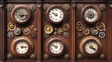 Ornate wall clock face, steampunk style, multiple time zones, decorative design, background image, poster design