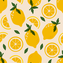Lemon seamless pattern. Print with lemons, yellow citrus fruit with green leaves and branches, summer juicy lemonade background. Vector texture for wrapping paper, wallpaper, fabric