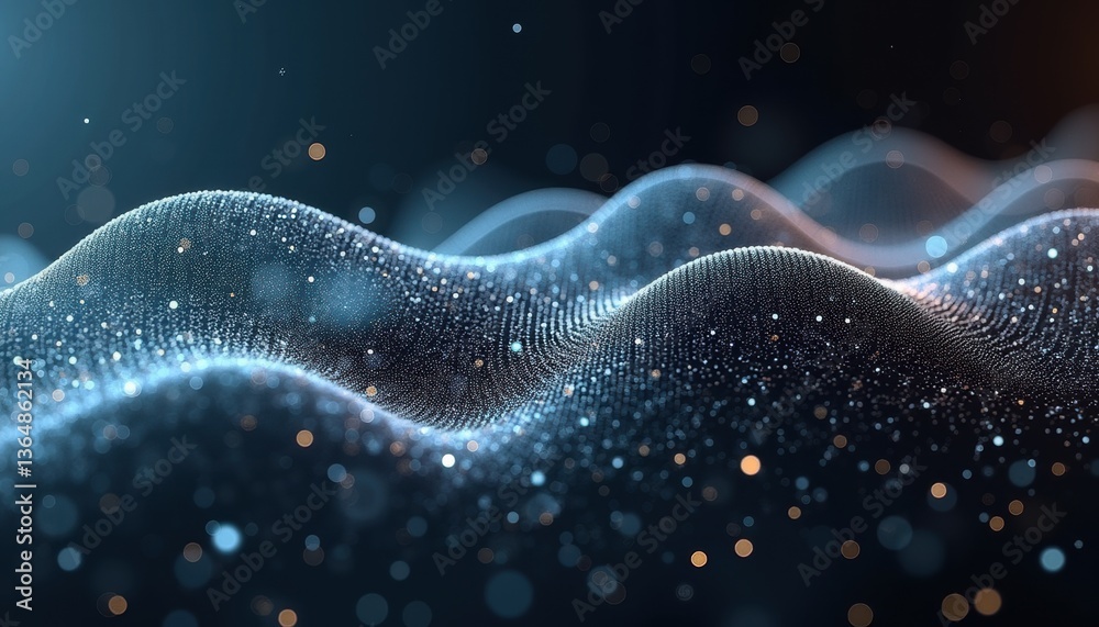 Poster abstract waves glowing with light particles in dark background