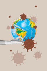 Naklejka premium Poster photo vertical collage of human hand show globe earth icon bacterium illness virus spread pandemic problem quarantine