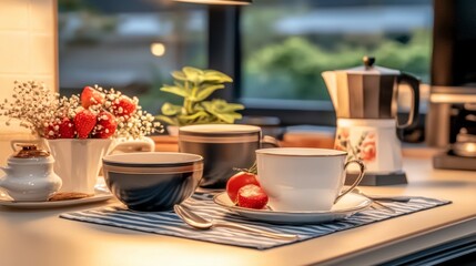 Fototapeta premium A Scandinavian-style kitchen flat lay showcasing a breakfast scene with coffee maker, strawberries, and elegant tableware on a