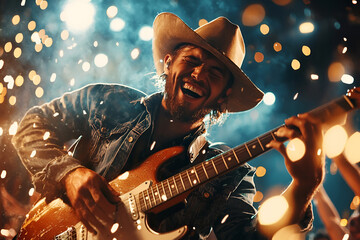 Young caucasian man musician in a cowboy hat joyfully playing electric guitar at concert
