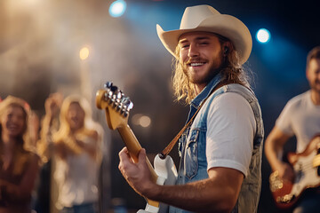 Caucasian young man guitarist in a cowboy hat performing at lively country music concert