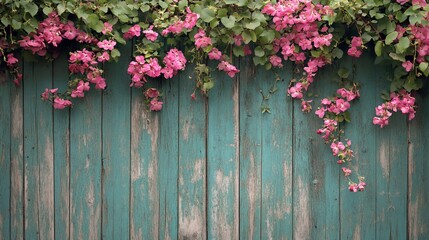 Fototapeta premium Charming floral cascade adorns weathered turquoise painted wooden backdrop