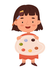 Girl child artist holding a palette with colors and a brush behind his ear. Creative child. Bright child character. Student.