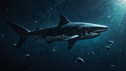 Obraz premium Great Shark Swimming in Deep Blue Ocean with Small Fish Around