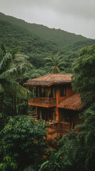 Fototapeta premium Lush Villa: Two-Story Home Amidst Tropical Greenery Background