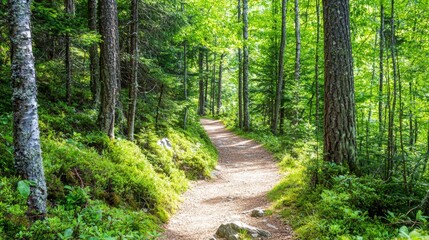Obraz premium A serene forest path with sunlight filtering through trees,