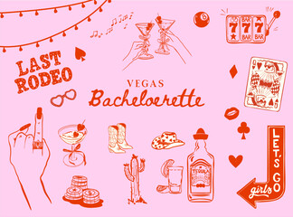 Set of hand drawn Las Vegas Bachelorette doodle icons, Vegas Cowgirl Hen Party illustrations, Whimsical Bachelorette vector collection for T-shirts, invitations and web icons