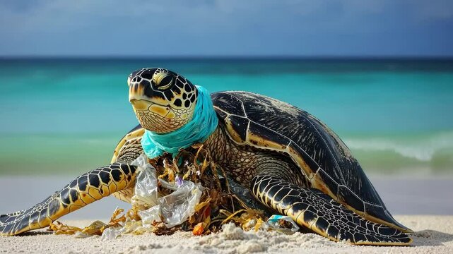 Sea turtle entangled in plastic debris on a sandy beach shore
