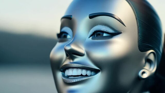 Artificial intelligence. Modern cybernetic robot woman. Cyborg working online at the station. Futuristic cyborg. Modern technologies, AI control
