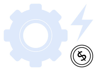 Large gear shape, power lightning bolt, and dollar sign symbolizing efficiency, innovation, energy, and economic progress. Ideal for finance, technology, engineering savings investment