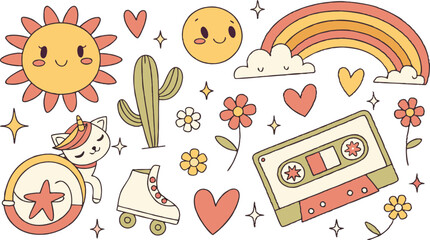 Vintage groovy set elements in flat graphic design. Vector illustration. Collection of funny cat, heart, sun, sunglasses, daisy, cactus, roller skates, music cassette, guitar, peace, unicorn, other. 