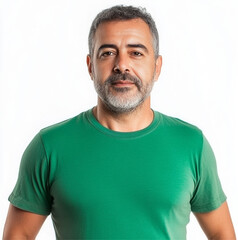 Obraz premium A man is an adult Brazilian about 50 years old on a white background in a green sports T-shirt