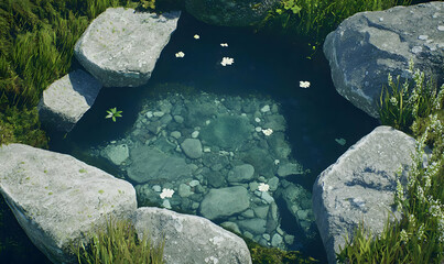 Tranquil Natural Pool Surrounded by Smooth Stones and Fresh Greenery