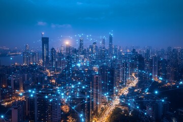 Digital cityscape with network connections and smart technology in the urban landscape on a blue background.