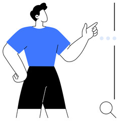 Confident person gesturing to interface element or options with a straight posture and hand on hip. Ideal for leadership, decision-making, communication, interface navigation, guidance, motivation