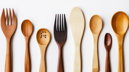 White plastic and wooden cutlery isolated on transparent background. Vector realistic set of flatware, reusable bamboo fork, spoon and knife, disposable plastic tableware