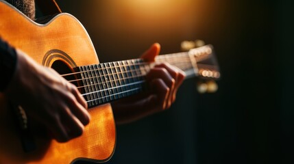 Naklejka premium Close-up of hands playing an acoustic guitar.