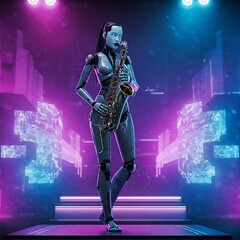 Fototapeta premium Roboter spielt Saxophon auf einer Bühne