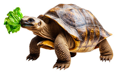Obraz premium Turtle enjoying lettuce in outdoor garden wildlife setting cut out