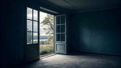 Obraz premium An empty room with a muted blue wall and bare concrete floor, featuring an open double door on the left that frames a view of a calm landscape outside.