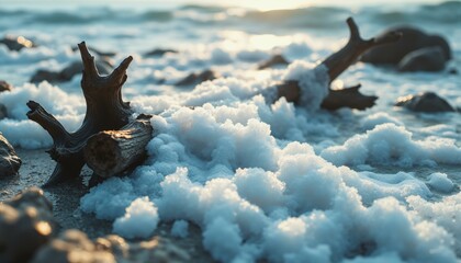 Weathered driftwood, foamy ocean waves, iridescent sheen, luminescent bubbles, salty mist, rocky shoreline, sun-kissed beach, coastal landscape, oceanic emulsions, ethereal haze, sea foam, driftwood r