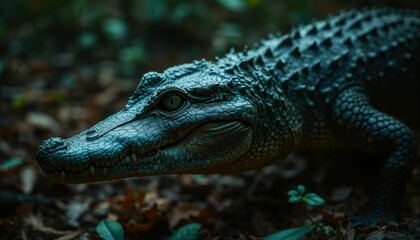 Fototapeta premium Scaly texture with mossy green to weathered brown hues, intricate ridges, ancient reptilian armor in a humid jungle clearing at twilight.