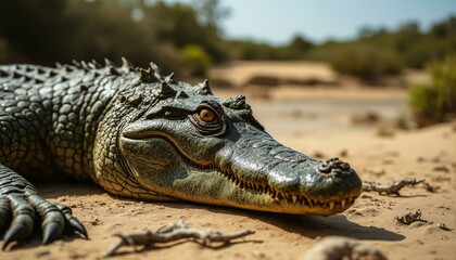 Obraz premium A weathered, battle-scarred ancient crocodile skin lies on a sandy riverbank amidst overgrown vegetation.