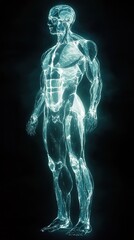 Digital artwork of a glowing, transparent human figure with visible internal systems.