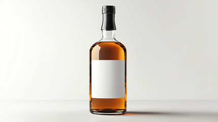Whiskey bottle with a blank white label, isolated on a white background—luxury, ultra-realistic mockup.