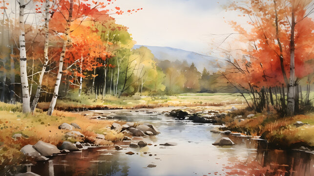 Watercolor autumn time outdoor landscape country road background poster decoration painting