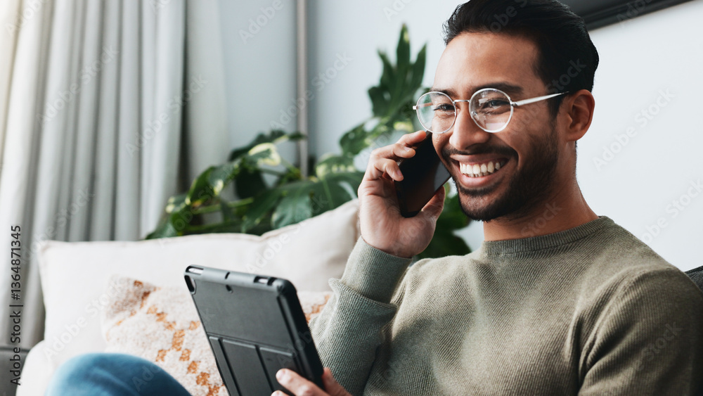 Poster smile, man and talk with phone call of remote work, discussion and good news of financial proposal. 