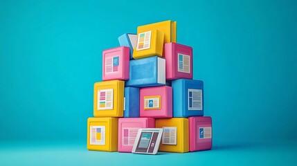 Stacked colorful containers.