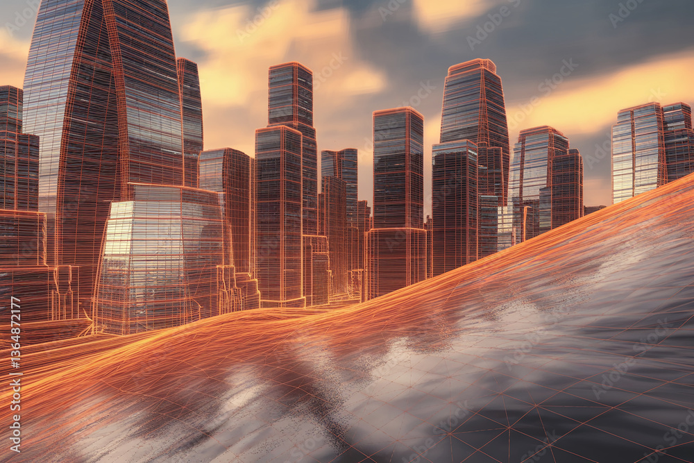 Poster wireframe cityscape at sunset, reflecting on a textured surface, showcasing modern architecture and 