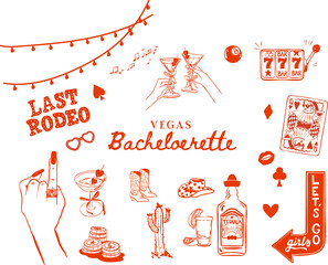 Set of hand drawn Las Vegas Bachelorette doodle icons, Vegas Cowgirl Hen Party illustrations, Whimsical Bachelorette icon collection for T-shirts, invitations and web icons