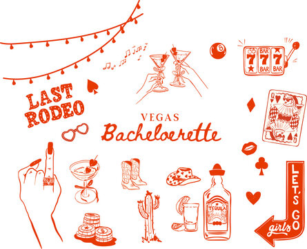 Set of hand drawn Las Vegas Bachelorette doodle icons, Vegas Cowgirl Hen Party illustrations, Whimsical Bachelorette icon collection for T-shirts, invitations and web icons