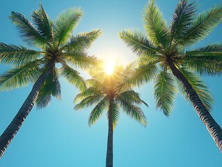 Three tall green palm trees are framed against a blue sky