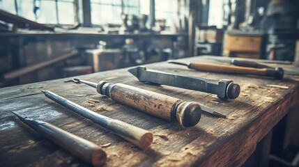 Antique woodworking tools on workbench in a historical workshop.  Possible use for advertising woodworking classes