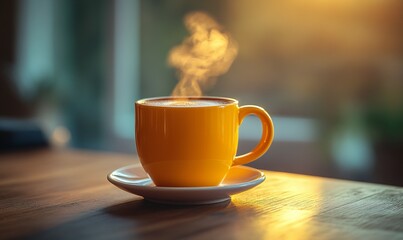 Obraz premium A steaming yellow cup of hot beverage on a table setting