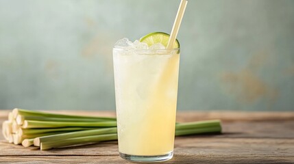 Lemongrass and Lime Soda or Refreshing Mojito Cocktail with straw, ice cube served in glass isolated on wooden background side view of Hong Kong drink