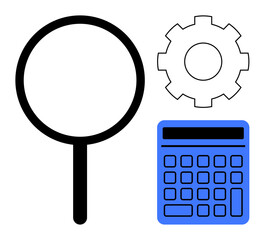 Magnifying glass, gear, and calculator convey discovery, efficiency, and calculation. Ideal for research, analysis, productivity problem-solving business education innovation. Flat simple