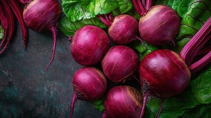 Fresh organic beetroots with vibrant greens on a rustic table.