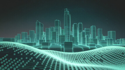 Obraz premium Wireframe cityscape at night, glowing teal, set against a dark background. Represents digital architecture, modern technology, and urban development. Free space for text