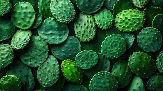 Vibrant green cactus paddles create a textured and lush botanical pattern. - Powered by Adobe