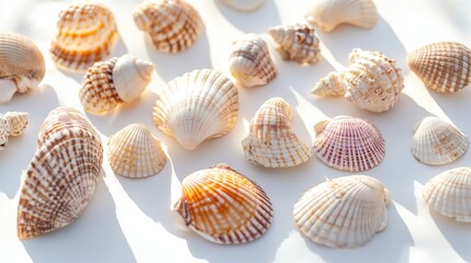 Collection of seashells on a white surface in warm sunlight, creating a beachy and natural aesthetic.