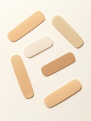 Five adhesive bandages arranged in a scattered manner on a plain white background.