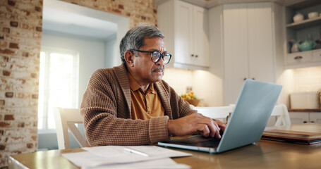 Budget, senior man and typing on laptop in home for asset management, pension funds application or loan contract. Financial planning, elderly person and documents for retirement savings or investment